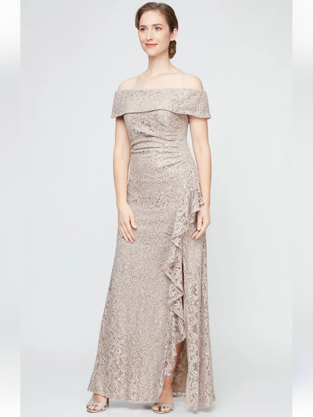 NWT Alex Evenings Off-Shoulder Lace Ruffle Maxi Dress in Taupe